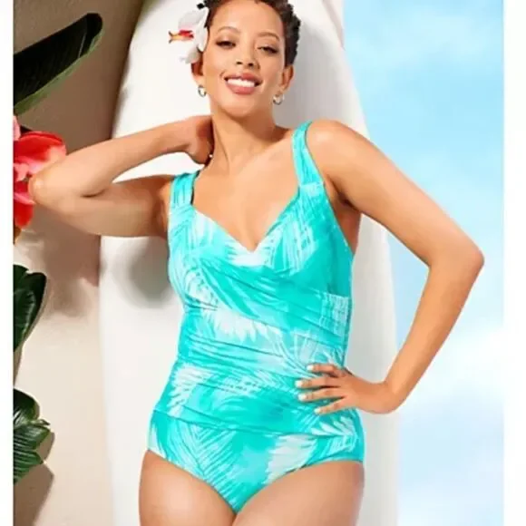 New Jantzen Teal Palm Slimming Swimsuit - Picture 2 of 14